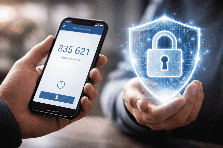 Smartphone con codice di verifica accanto a uno scudo digitale, immagine che rappresenta authentification forte, codice OTP e sicurezza nei pagamenti online.
