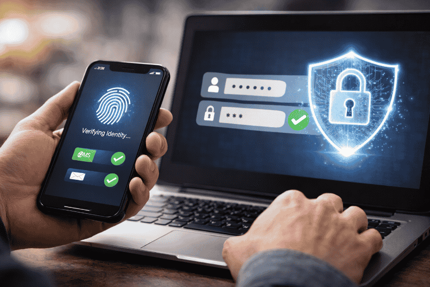 Persona con smartphone e laptop durante una verifica d’identità digitale, immagine che illustra l’authentification forte e i pagamenti online che possono fallire.