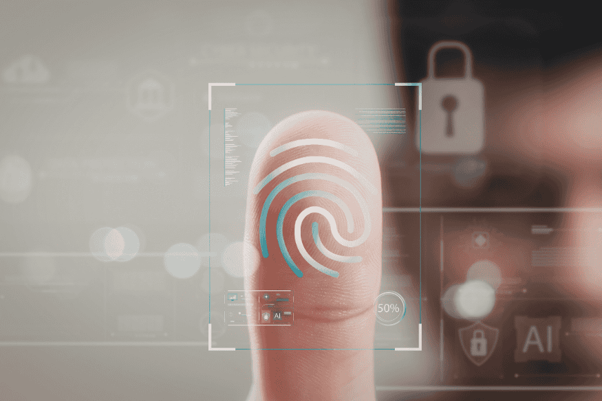 Primo piano di impronta digitale con interfaccia di sicurezza digitale, immagine collegata all’authentification forte biometrica per i pagamenti online.