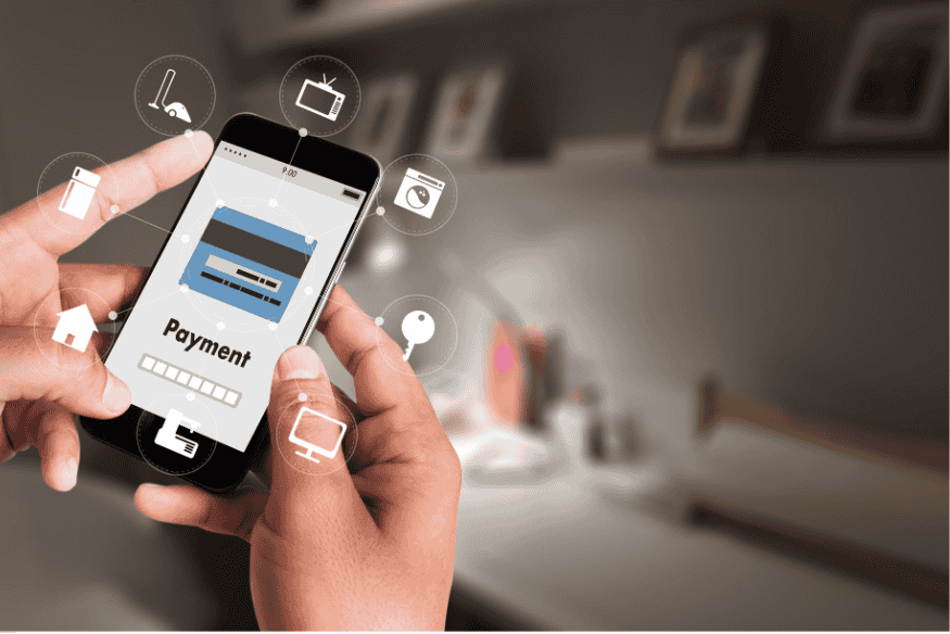 Paiement mobile avec visualisation de services connectés autour du smartphone.
