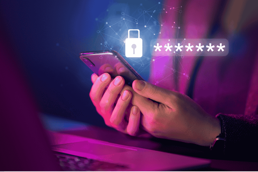 Application mobile sécurisée avec icône de cadenas et champ de mot de passe sur un écran de téléphone.