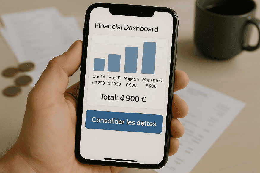 Écran de smartphone affichant un tableau de bord financier avec des dettes regroupées et un bouton “Consolider les dettes”