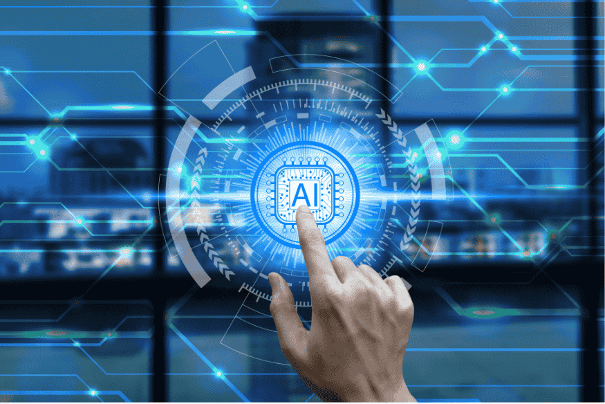 Doigt humain appuyant sur une icône "AI" au centre d’une interface technologique futuriste.