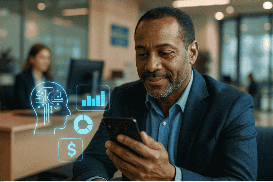Homme d’affaires souriant consultant son smartphone, avec des icônes virtuelles d’analyse de données et d’IA projetées autour.