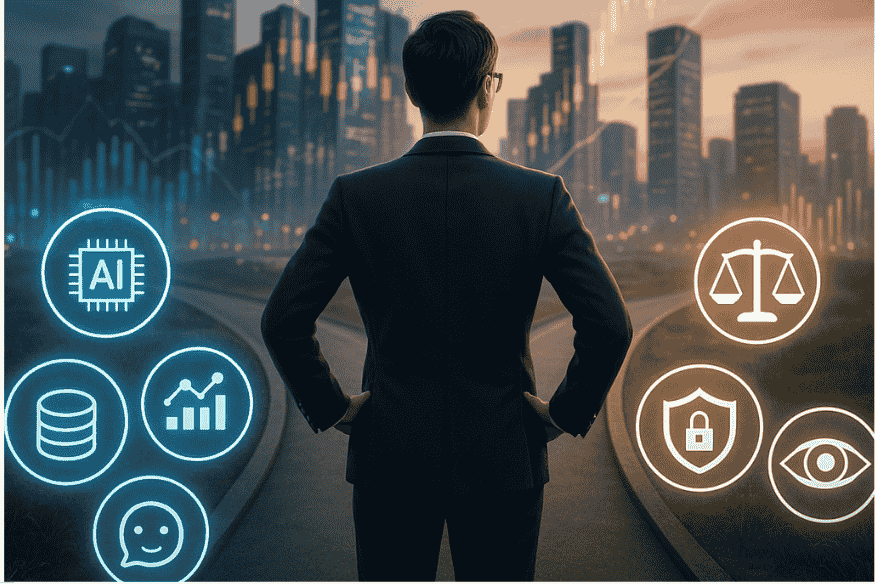 Professionnel neutre face à deux chemins symboliques représentant le choix entre l’intelligence artificielle et l’éthique dans l’avenir du secteur bancaire, avec des icônes numériques et de justice sur fond de ville futuriste.