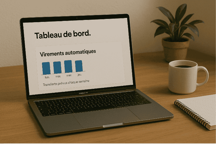 Écran d’ordinateur portable affichant un tableau de bord d’épargne automatique.
