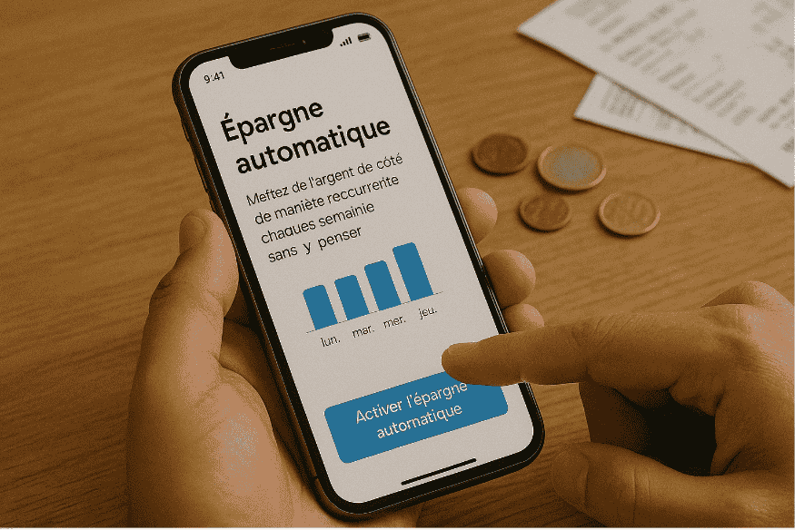 Main activant l’épargne automatique sur une application mobile avec graphique de transferts réguliers.