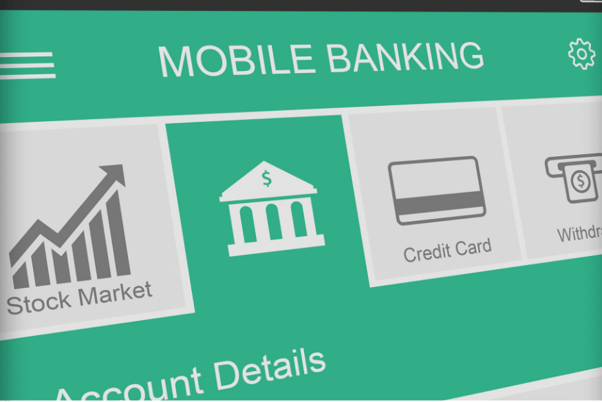 Interface d’une application de mobile banking avec des icônes de carte de crédit et de banque.