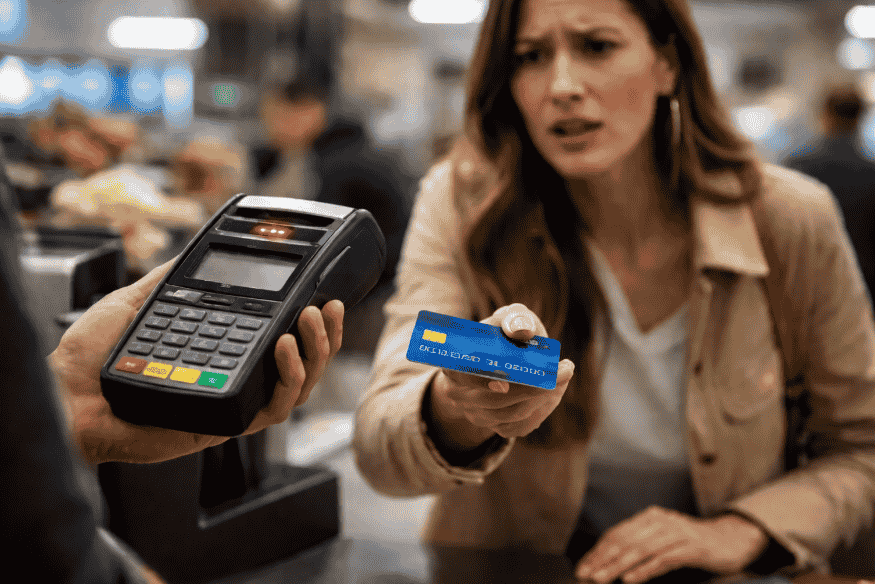 Donna alla cassa con carta bancaria davanti a un terminale POS, immagine che mostra un pagamento rifiutato con carta bancaria in negozio.