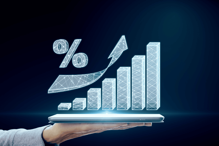 Croissance financière illustrée par un graphique 3D en hausse représentant les rendements des placements de trésorerie d’entreprise.