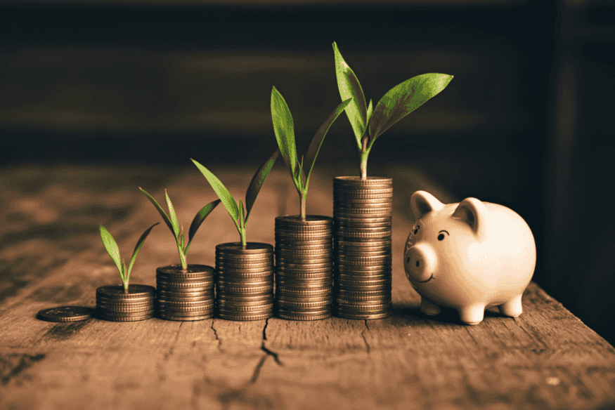 Piles de pièces de monnaie faisant pousser des plantes, symbolisant la croissance durable grâce aux placements de trésorerie.