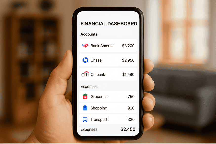 Interface mobile affichant un tableau de bord financier centralisant plusieurs comptes bancaires et catégories de dépenses.
